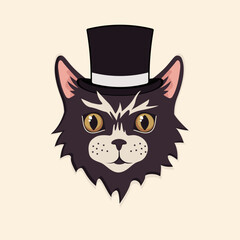 Cute black cat head with hat cartoon illustration. Stylish animal face or muzzle. Hipster kitten wearing modern or trendy accessory. Pet, fashion concept