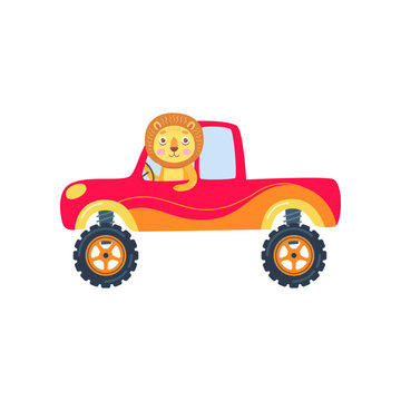 Comic lion in monster truck vector illustration. Cute funny lion cartoon character riding car. Transportation concept