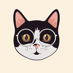 Cute black and white cat head with white glasses cartoon illustration. Stylish animal face or muzzle. Hipster kitten wearing modern or trendy accessory. Pet, fashion concept