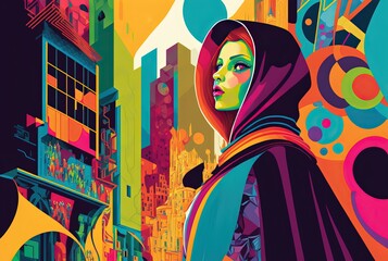 illustration of a beautiful women in colorful vivid cloth wearing headcovers with cityscape as background, idea for Women's right concept