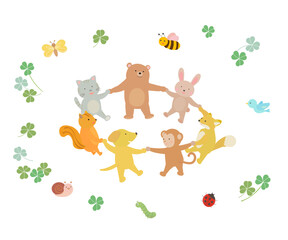 手をつないで踊る動物たち