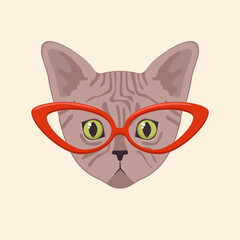 Obraz premium Cute siamese cat head with red glasses cartoon illustration. Stylish animal face or muzzle. Hipster kitten wearing modern or trendy accessory. Pet, fashion concept