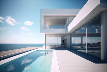 beautiful illustration of white villa with blue seascape