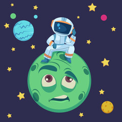 Naklejka premium Astronaut sitting on comic green moon vector illustration. Cartoon drawing of spaceman and confused planet character in outer space, stars. Space, fantasy, universe concept