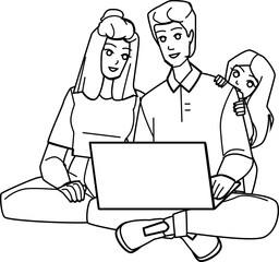 Fototapeta na wymiar family using computer line pencil drawing vector. home computer, mother child girl, father together, laptop using, kid sofa, daughter woman family using computer character. people Illustration