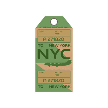 Vintage Rectangular Suitcase Label Or Ticket Design With New York For Plane Trips. Retro Tag For Luggage At Airport Flat Vector Illustration. Traveling Concept