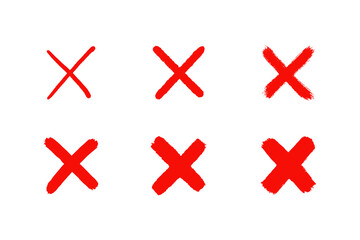 Obraz premium Grunge hand drawn red cross mark. Brush drawn symbols NO and X. Cross X for check box. False icons. Vector illustration isolated on white background.
