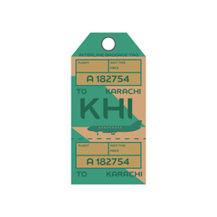Vintage rectangular suitcase label or ticket design with Karachi for plane trips. Retro tag for luggage at airport flat vector illustration. Traveling concept