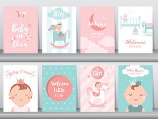 Baby shower invitations cards with babies boy and girl,cute design,poster,template,Vector illustrations. - 556898086