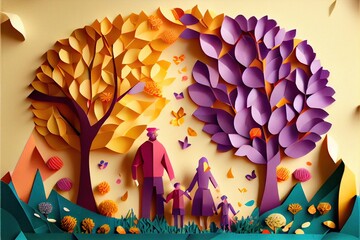 origami spring background, joyful elderly, happy family with parent, colorful. Paper cut craft, 3d paper illustration style, pop color. Neural network generated art.