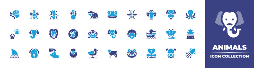 Animals icon collection. Duotone color. Vector illustration. Containing anglerfish, bee, ant, frog, mosquito, dove, dog, octopus, pawprints, elephant, lion, cruelty free, turtle, hedgehog, and more.