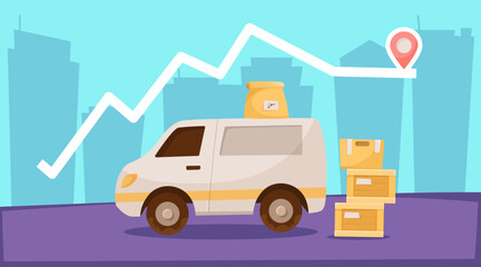 Delivery truck with boxes and packages vector illustration. Cartoon drawing of van delivering internet orders, silhouette of city buildings. Delivery service, transportation, logistics concept