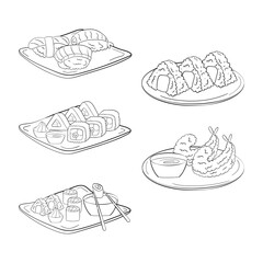 Set of sushi, onigiri and shrimp on plates, line art. vector illustration on a white background