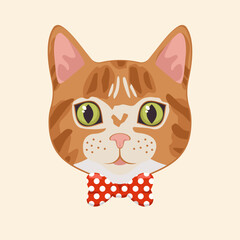 Cute orange and white cat head with bowtie cartoon illustration. Stylish animal face or muzzle. Hipster kitten wearing modern or trendy accessory. Pet, fashion concept