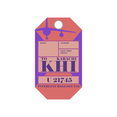 Vintage suitcase label or ticket design with Karachi for plane trips. Retro tag for luggage at airport flat vector illustration. Traveling concept