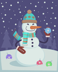 Happy comic snowman holding bauble vector illustration. Cartoon drawing of cute character in hat and scarf in snowy forest with Christmas toys or ornament. Winter holidays, decoration concept