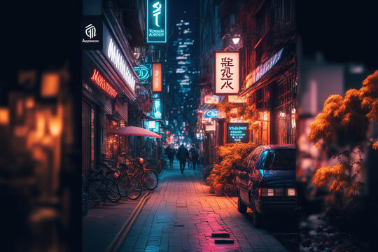 A night of the neon street at the downtown in Shinjuku Tokyo wide shot Generative AI