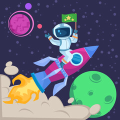Astronaut with flag riding rocket in space vector illustration. Cartoon drawing of spaceman sitting on spaceship, planets and stars in sky. Outer space, universe, astronomy, exploration concept