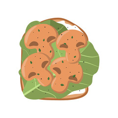 Slice of bread with mushrooms and lettuce. Sandwich with different ingredients vector illustration. Food, healthy lifestyle concept