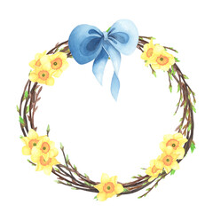Spring willow wreath watercolor with daffodil, colored eggs, blue bow isolated. Hand drawing Easter illustration