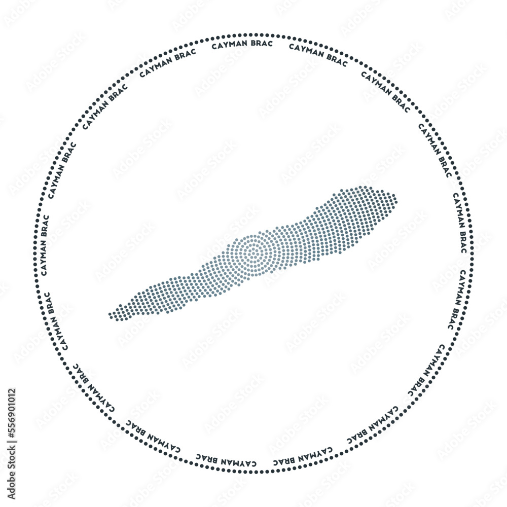 Poster cayman brac round logo. digital style shape of cayman brac in a dotted circle with the island name. 