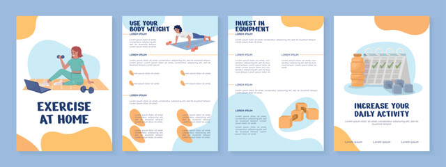 Exercise at home flat vector brochure template. Workout booklet, leaflet printable flat color designs. Editable magazine page, reports kit with text space. Nerko One, Quicksand, Comfortaa fonts used