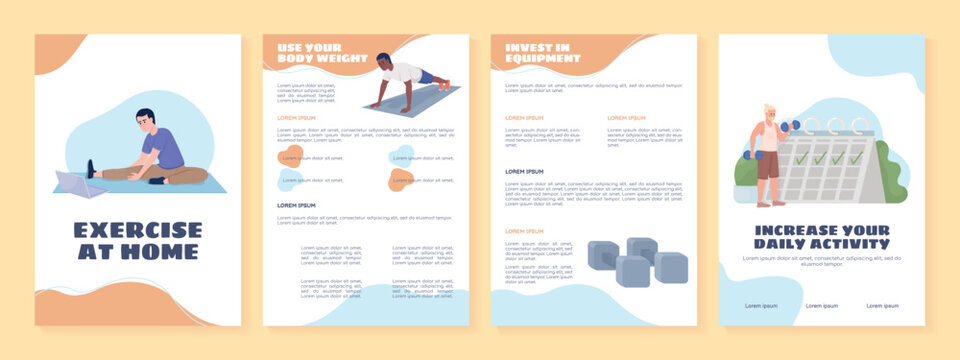 Home training flat vector brochure template. Sport booklet, leaflet printable flat color designs. Editable magazine page, reports kit with text space. Sigmar One, Balsamiq Sans, Comfortaa fonts used