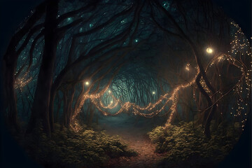 light at night enchanted forest, beautiful lights, background image 