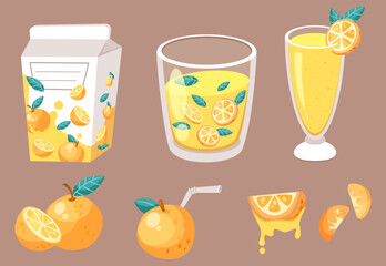 Oranges and drinks in glasses vector illustrations set. Drawings of orange juice in carton box, smoothie, whole and cut citrus fruit on beige background. Beverage, healthy lifestyle, summer concept