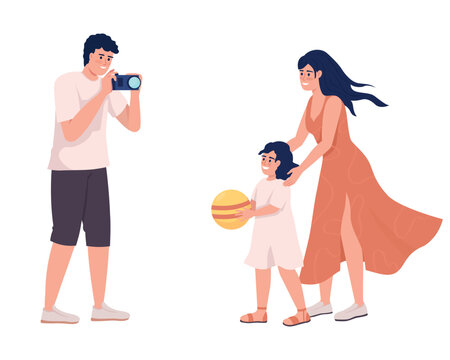 Family walking at park semi flat color vector characters. Editable figure. Full body people on white. Happy moments outdoor simple cartoon style illustration for web graphic design and animation