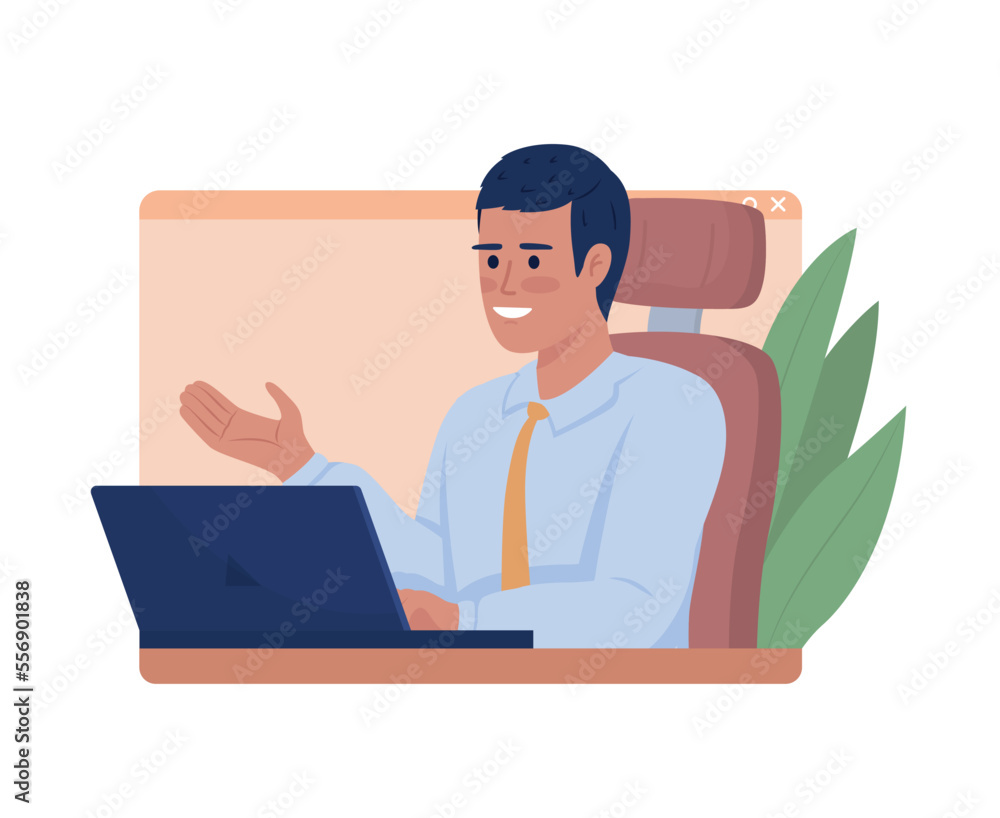 Poster office manager flat concept vector illustration. computer worker. editable 2d cartoon character on w