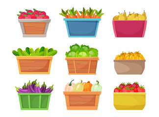 Wooden crates with fruit and vegetables vector illustrations set. Cartoon drawings of apples, carrots, pears, cucumbers in containers on white background. Agriculture, farming, marketing concept