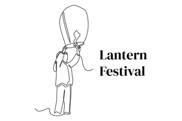 Continuous one line drawing happy boy flying Paper lights. Lantern festival concept. Single line draw design vector graphic illustration.