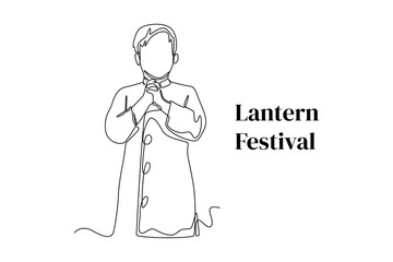 Continuous one line drawing happy boy Dressed in a Chinese Costume gives greeting.  Lantern festival concept. Single line draw design vector graphic illustration.