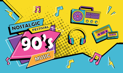 Fototapeta na wymiar Nostalgic 90s music festival vector flat design for banner