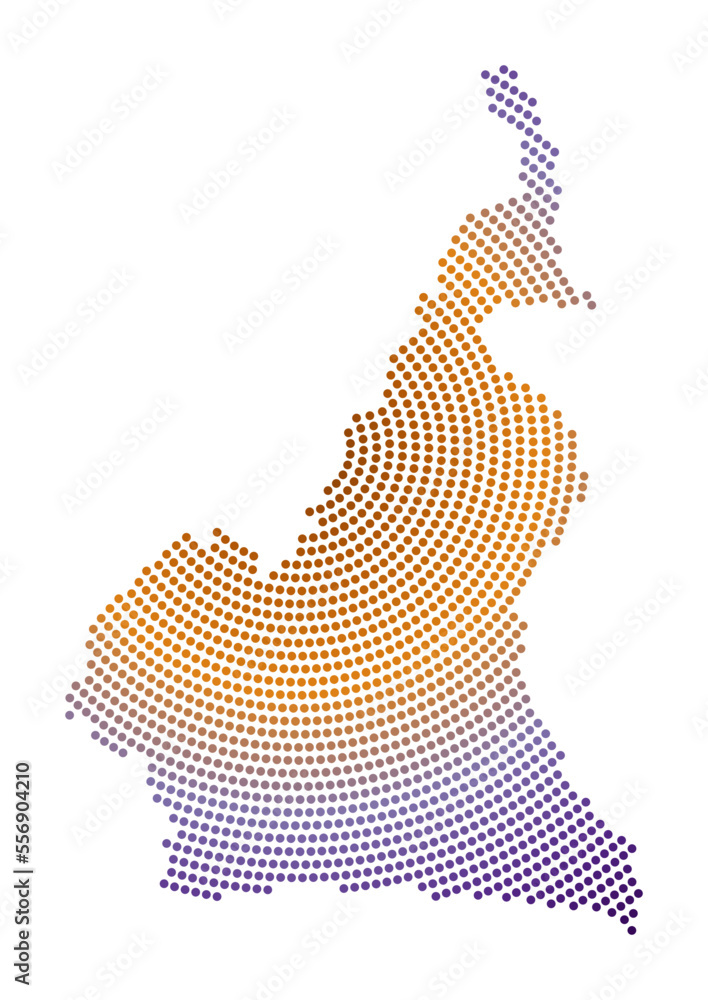 Poster cameroon dotted map. digital style shape of cameroon. tech icon of the country with gradiented dots.
