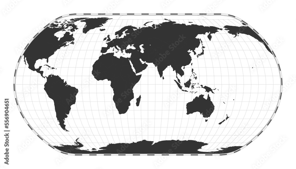 Poster Vector world map. Natural Earth projection. Plain world geographical map with latitude and longitude lines. Centered to 60deg W longitude. Vector illustration.