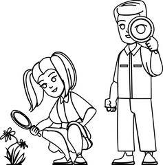 magnifier kid line pencil drawing vector. child education, glass boy, little discovery, cute learning, explore, curiou, science childhood magnifier kid character. people Illustration