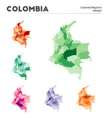 Colombia map collection. Borders of Colombia for your infographic. Colored country regions. Vector illustration.
