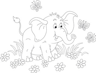 Friendly smiling little baby elephant playing with merrily fluttering butterflies among summer field flowers, black and white outline vector illustration for a coloring book