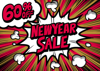 60%off New Year Sale retro typography pop art background, an explosion in comic book style.