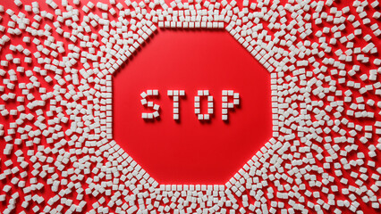 octagonal frame in the form of a stop sign made of sugar cubes with red background and word stop inside. stop eating refined sugar concept - obrazy, fototapety, plakaty