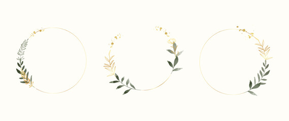 Set of luxury wedding frame element vector illustration. Watercolor and golden leaf branch with circle frame and brush stroke texture. Design suitable for frame, invitation card, poster, banner.