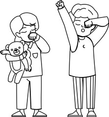 sleepy kid line pencil drawing vector. child boy, tired sleep, cute girl, bed bedtime, night young, yawn childhood sleepy kid character. people Illustration