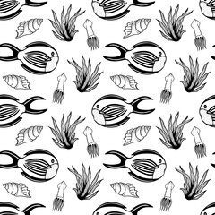 Seamless pattern with fishes, algae, squid and shells. Black and white hand drawn vector illustration. Seamless background. Wallpaper design. Fabric design. Simple vector pattern with cute fishes.