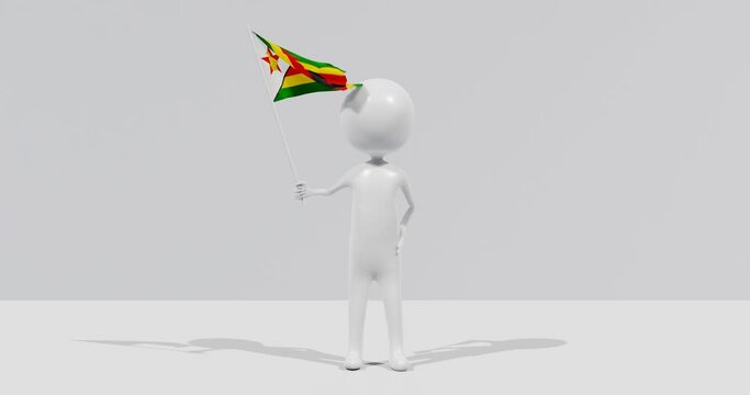 Flag of Zimbabwe. 3D Character holding and waving flag 4K UHD 60FPS