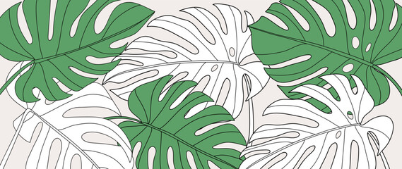 Botanical foliage line art background vector illustration. Tropical monstera leaves pattern background line art. Design for wallpaper, home decor, website, packaging, print, poster, cover, banner.