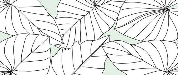 Botanical foliage line art background vector illustration. Tropical palm leaves pattern background line art. Design for wallpaper, home decor, website, packaging, print, poster, cover, banner.