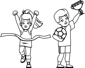 winner kid line pencil drawing vector. child success, happy girl, fun boy, dream childhood, person happiness, play winner kid character. people Illustration