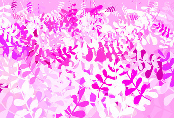 Light Pink vector doodle template with leaves.